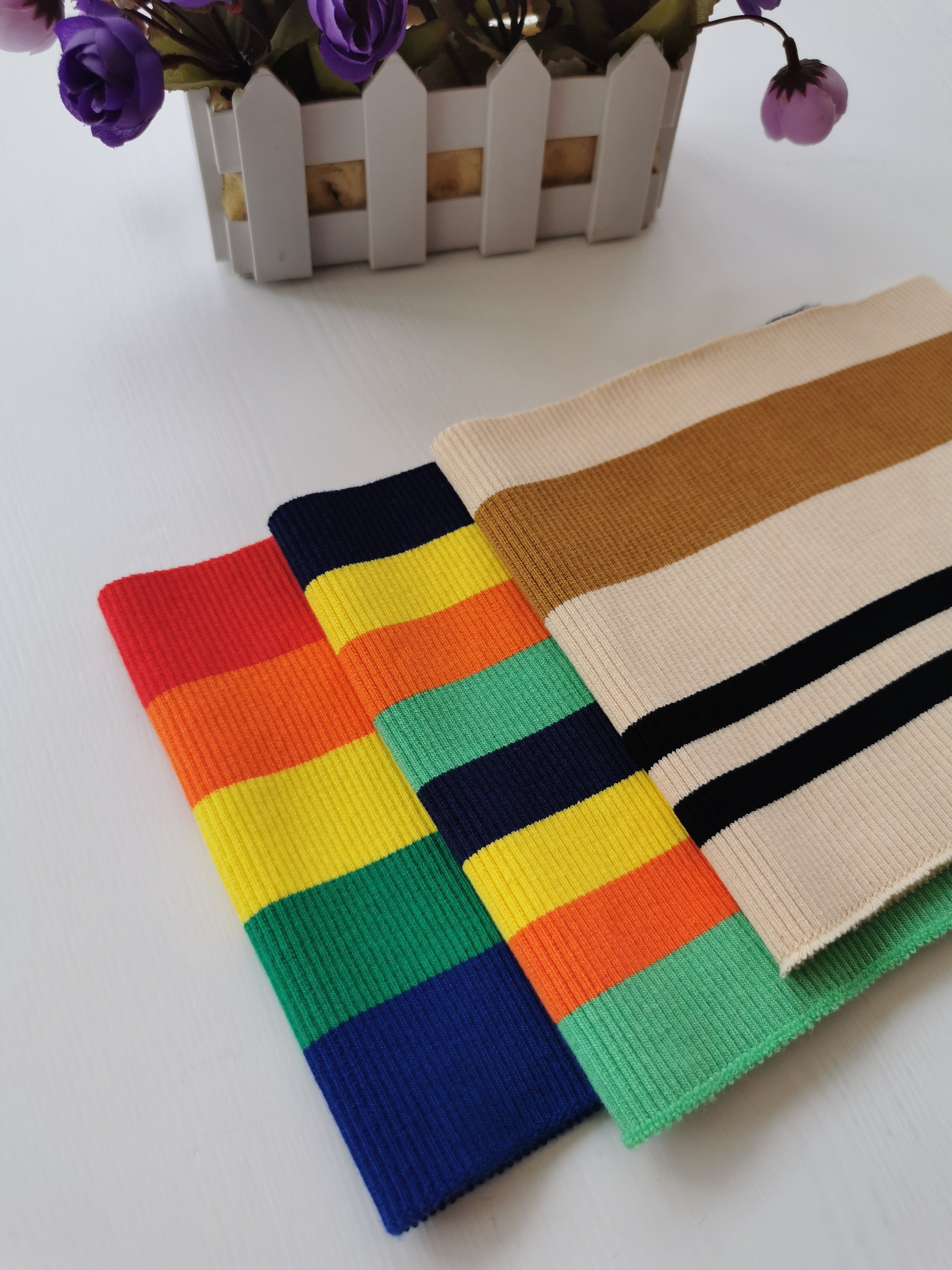 Spring and autumn knitted rainbow fine thread lace ribbed thin thick cotton T round neckline sleeves hem waistband double flat knitted collar