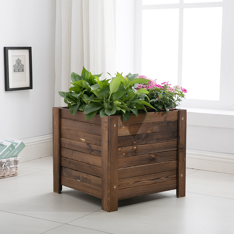Anti-corrosion wood flower box carbonized solid wood flower pot Wooden trough balcony Outdoor long square King-size planting tree large flower pot