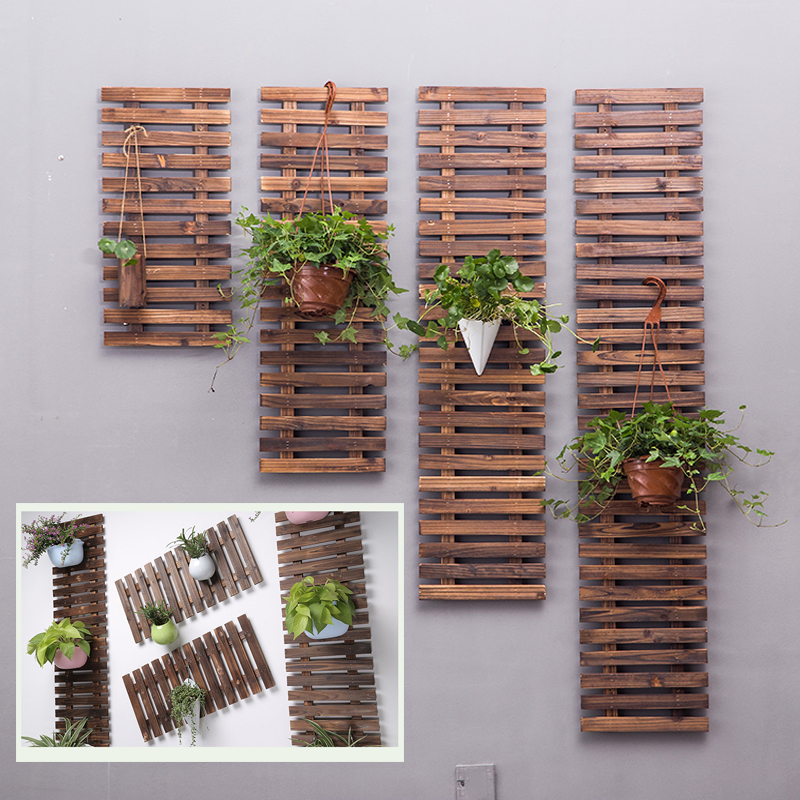 Solid wood wall decoration wall hanging flower stand Courtyard wall hanging grid climbing rattan flower stand outdoor carbonized anti-corrosion wood fence