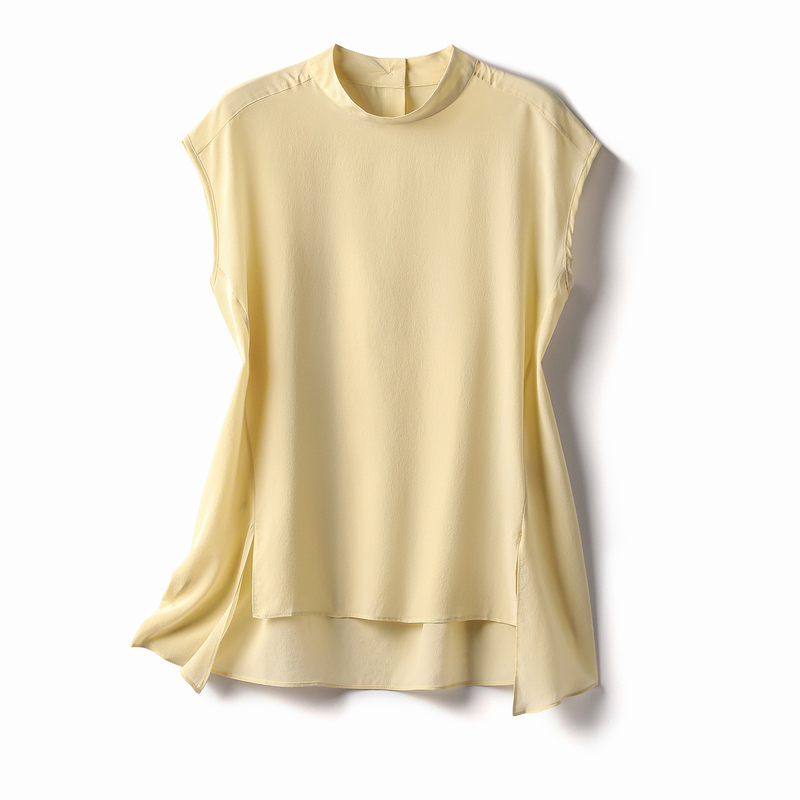 Sleeveless Shirt with a French Minimalist Style, 6A Silk Shirt with a Short Front and Long Back, Silk Short Sleeves