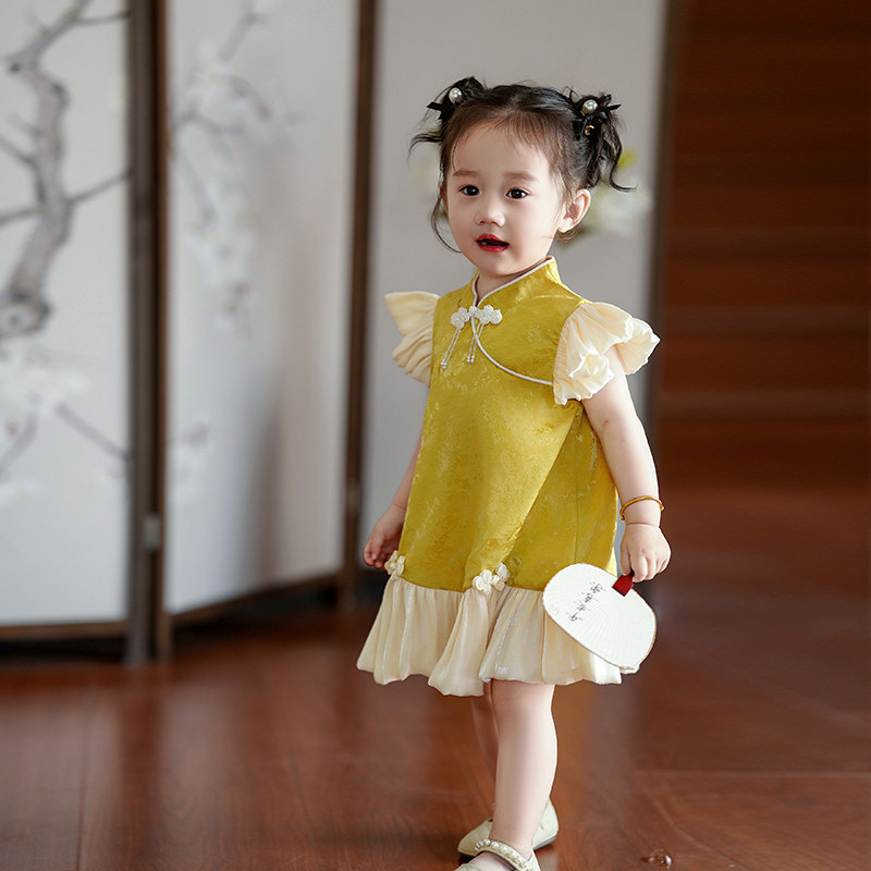 Birthday party baby girl dress, summer party, chinese style baby kids new  chinoiserie thin yellow clothes