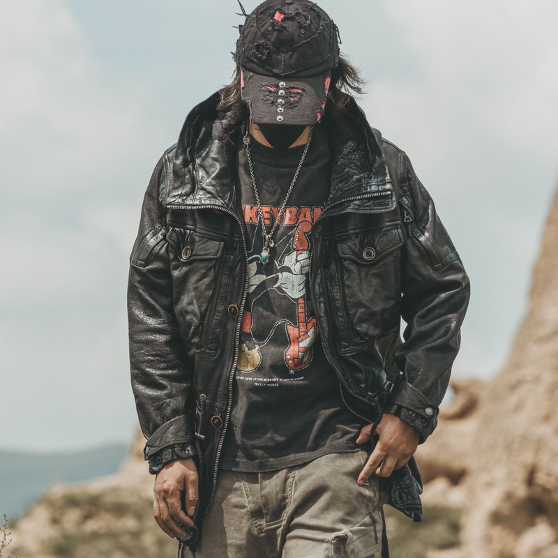 【Hunting】C77001 Goat Leather Vintage Distressed Leather Jacket Men's Genuine Leather Commuting Spring and Autumn Motorcycle Casual Jacket