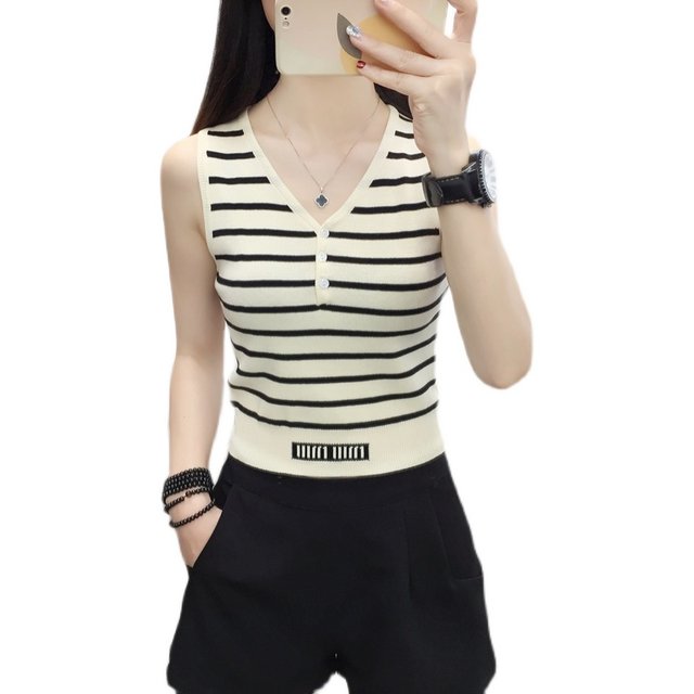 Plus size ຂອງແມ່ຍິງ ice silk camisole striped vest ແມ່ຍິງ summer ສັ້ນແບບຂະຫນາດນ້ອຍ knitted sleeveless vest ເທິງບາງໆ