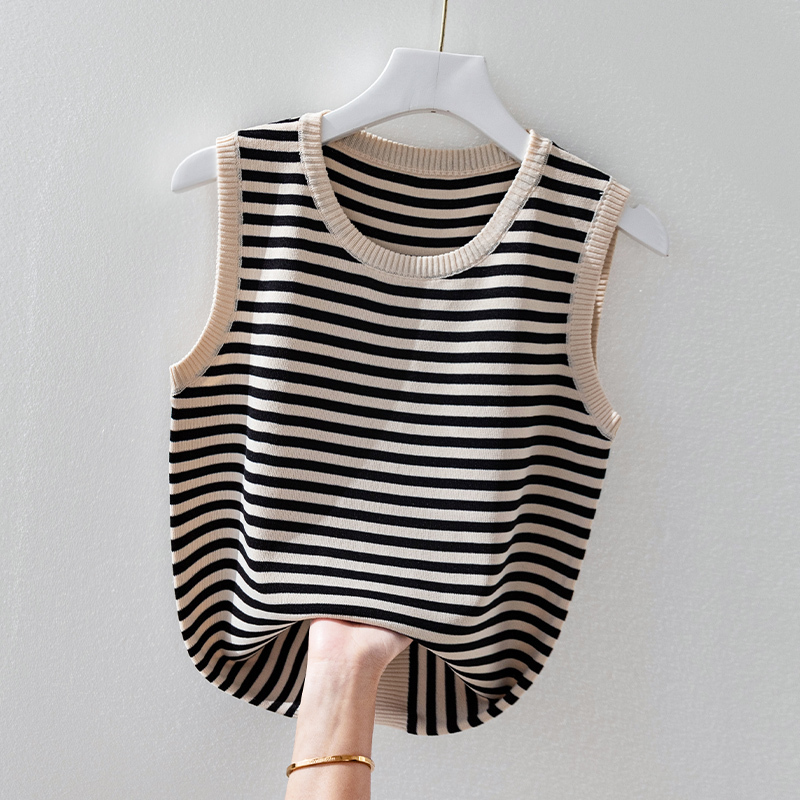 Plus Size Women's Round Neck Ice Silk Camisole Summer Stylish Striped Base Shirt Sleeveless Knitted Top