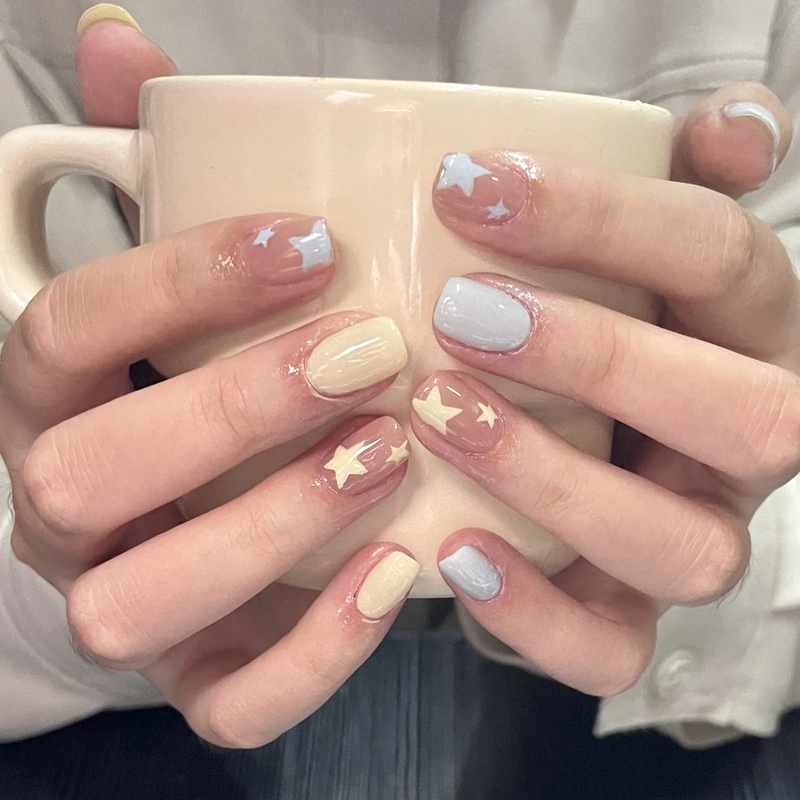 Purely Handmade Japanese-Style Nail Art Macaron Stars Cute Fresh Short Nail Art Four-Pointed Star Summer Milky Nail Art