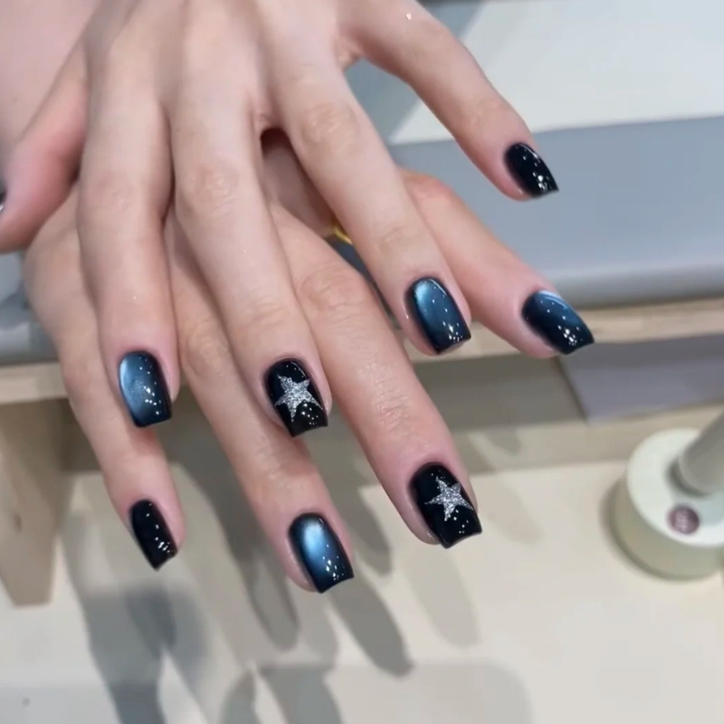 Aqua Blue Manicure, Ice Blue Cat Eye Manicure, Glass Beads Press-On Nails, Dazzling Autumn and Winter Black Solid Color Star Handmade Nails