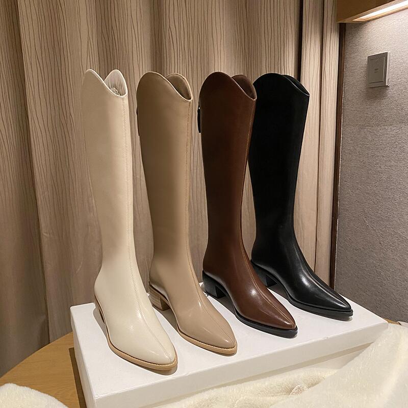 Genuine Leather V-Cut Long Boots for Women, Thick-Soled Pointed Toe Long Boots with Back Zipper, Western Cowboy Boots, Over-The-Knee High Riding Boots Genuine Leather V-Cut Long Boots for Women, Thick-Soled Pointed Toe Long Boots with Back Zipper, Western Cowboy Boots, Over-The-Knee High Riding Boots