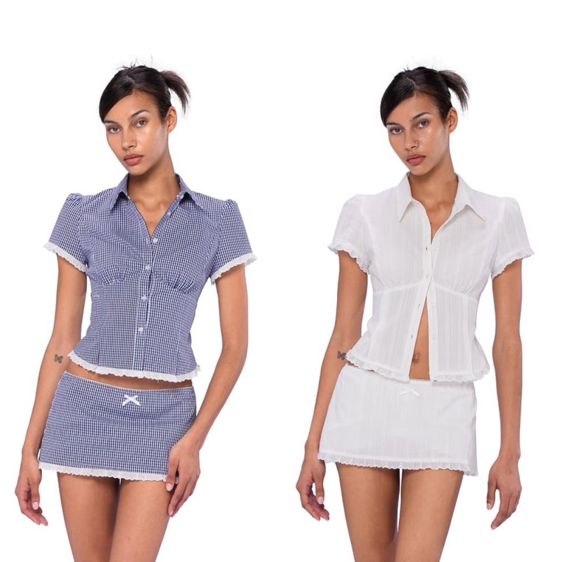 ins European and American Blogger Style Lace-Trimmed Lapel Waist-Cinching Puff-Sleeve Short-Sleeve Shirt and Mini Skirt Two-Piece Set