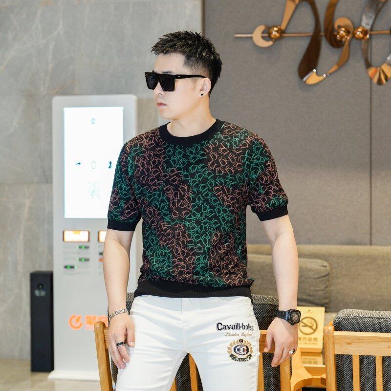 Men's Trendy Ice Silk Knit T-Shirt 2026 New Summer Slim-Fit Short-Sleeve Top Thin Yilite Knitwear