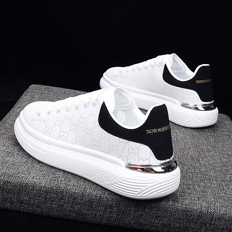 Hong Kong Tide Cards Genuine Leather Men Shoes Spring Autumn Breathable Little White Shoes Men 100 Hitch Ride Chains Casual Shoes Lovers Thick Underfloor Shoes