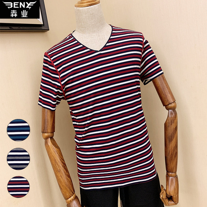 Benye summer men's short-sleeved T-shirt striped stretch slim fit V-neck sea soul shirt bottoming shirt T-shirt 9256