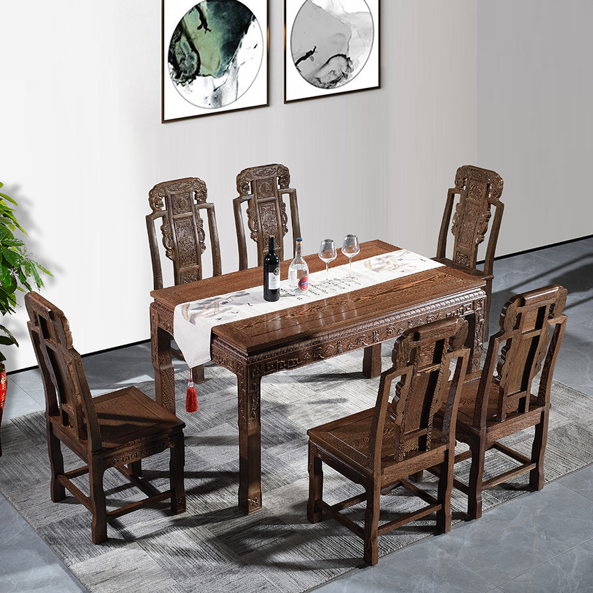 Red Wood Furniture African Chicken Wings Wood Dining Table Elephant Dining Table Chinese Imitation Antique Rectangular Solid Wood Table One Table Six Chairs