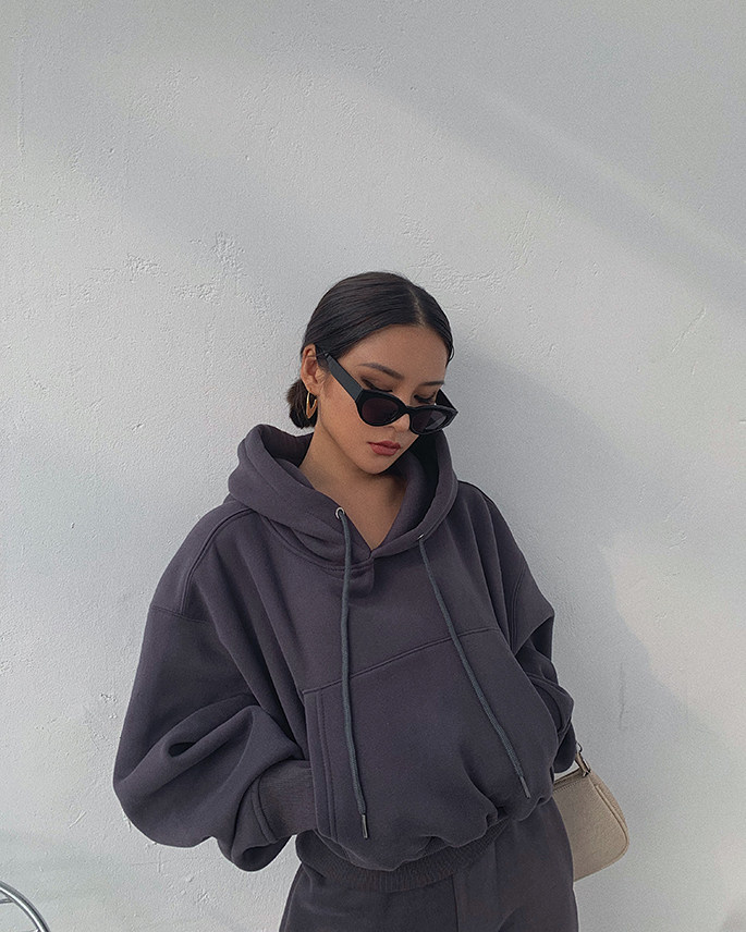 Basic Wear Black Charcoal Hoodies for Women Autumn Winter Loose Fleece Hooded Sweatshirts Streetwear Cropped Pullovers