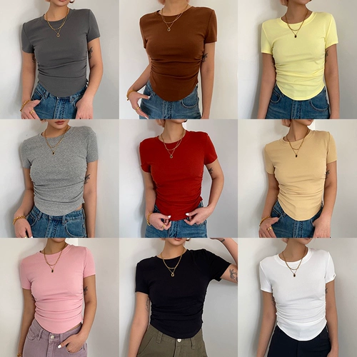 Летняя изогнутая приталенная короткая футболка, круглый воротник