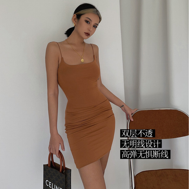 Homemade high-quality double-layer suspender skirt dress Supermodel gas field S-curve short skirt with hips sexy summer Sa