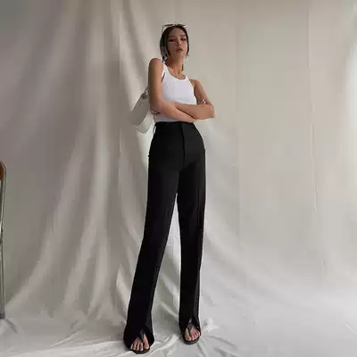 Self-made Wu enemy fabric hanging and falling feeling stick Black Cool straight tube casual pants foot split drag floor trousers trousers