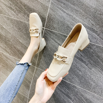 Meet Beauty 2021 New autumn music Foeshoes women with metal trim little leather shoes 100 lap single shoes roughshod heel