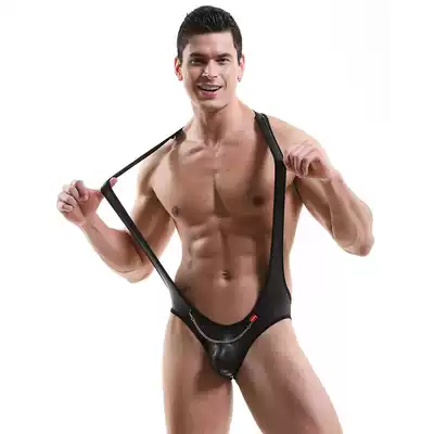 Sexy underwear, men's sexy leather clothes, men's sexy pajamas, sexy men wearing men's passionate one-piece to open the file