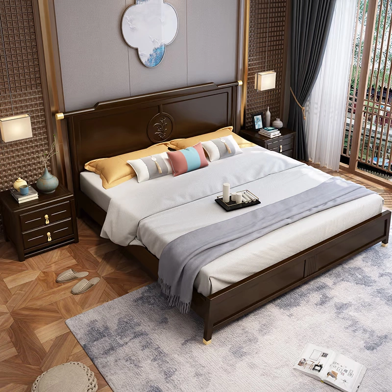 Giường gỗ nguyên khối kiểu Trung Quốc mới Giường đôi chính 1,8m, sang trọng nhẹ nhàng phong cách cổ điển Zen đồ nội thất gỗ mun Trung Quốc hiện đại - Giường