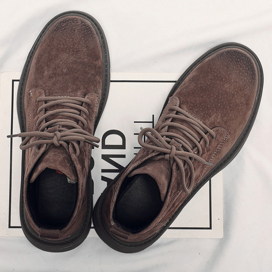 Martin Boots for Men, Winter High-Top Shoes, Trendy British Style Short Boots, Versatile Fleece-Lined Korean Style Genuine Leather Snow Work Boots