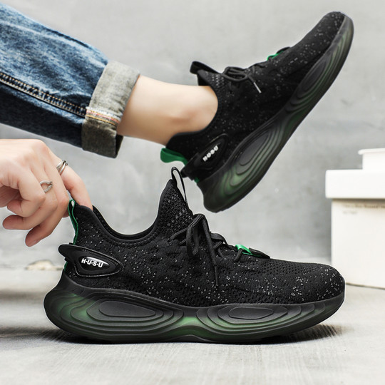 Men's Sports Shoes 2025 Summer New Style Mesh Breathable Casual Running Shoes Black Soft Sole Lightweight Non-Slip Fly-Knit Shoes