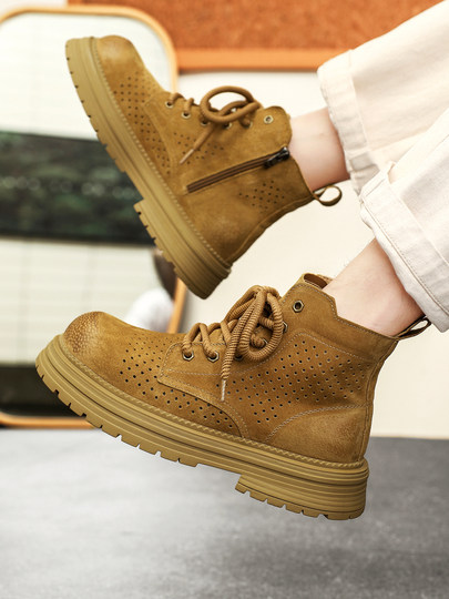 Martin Boots for Men 2025 New Summer Hollow Breathable Couple High-Top Shoes Genuine Leather Mid-Top Thick-Soled Work Boots