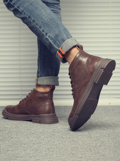 Martin Boots for Men, Winter Fleece-Lined, British Style High-Top Shoes, Trendy Casual Genuine Leather Mid-Top Short Boots, Retro Work Boots