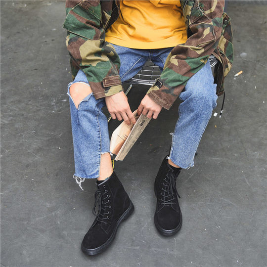 Martin Boots for Men, Black High-Top Shoes, Trendy British Style, Versatile Genuine Leather, Korean Style, Summer Breathable Mid-Top Work Boots