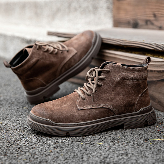 Martin Boots for Men, Winter Fleece-Lined High-Top Shoes, Trendy Genuine Leather Short Boots, British Style Mid-Top Casual Retro Work Boots