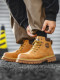 Martin Boots for Men, Winter Genuine Leather High-Top Shoes, British Style Thick-Soled Couple's Yellow Boots, Fleece-Lined Casual Mid-Top Work Boots