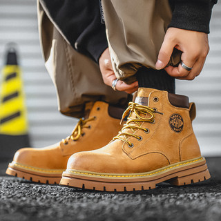 Martin Boots for Men, Winter Genuine Leather High-Top Shoes, British Style Thick-Soled Couple's Yellow Boots, Fleece-Lined Casual Mid-Top Work Boots