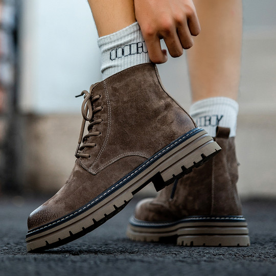 Martin Boots for Men, Winter Fleece-Lined High-Top Shoes, Genuine Leather Casual Retro Short Boots, Mid-Top British Style Thick-Soled Work Boots