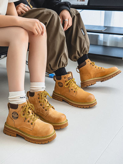 Martin Boots for Men, Winter Genuine Leather High-Top Shoes, British Style Height-Increasing Couple Boots, Yellow Boots with Fleece Lining, Outdoor Mid-Top Work Boots