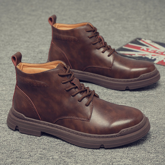 Martin Boots for Men, Winter Fleece-Lined High-Top Shoes, Trendy Genuine Leather Versatile Korean Style Mid-Top Retro British Style Work Boots