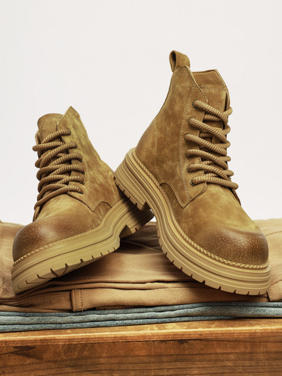 Martin Boots for Men, Winter Genuine Leather High-Top Shoes, British Style Thick-Soled Couple's Yellow Boots, Fleece-Lined Outdoor Mid-Top Work Boots