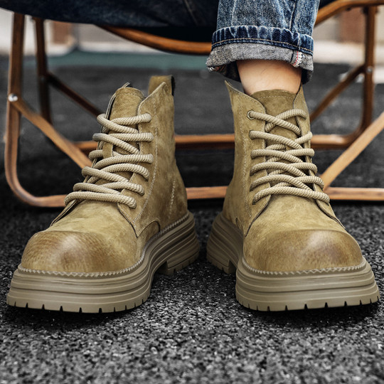 Martin Boots for Men, Winter High-Top Shoes with Fleece Lining, British Style Short Boots, Trendy Mid-Top Versatile Genuine Leather Korean Style Work Boots