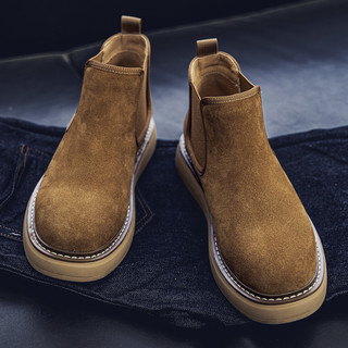 Chelsea Boots Men's Winter Genuine Leather High-Top Shoes with Plush Lining, Retro Mid-Top Short Boots, British Style New Casual Martin Boots