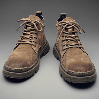 Martin Boots for Men, Winter Fleece-Lined High-Top Shoes, British Style Trendy Mid-Top Short Boots, Genuine Leather Korean Style Retro Work Boots