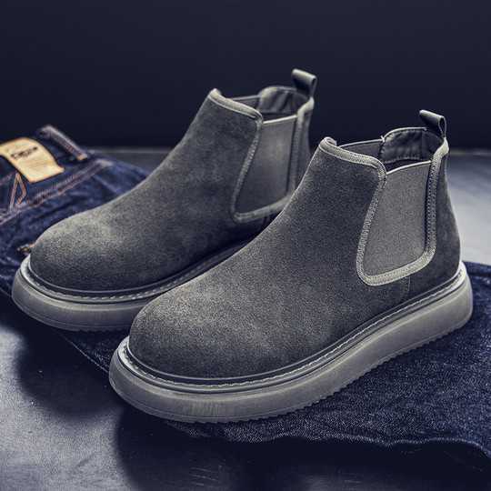 Chelsea Boots Men's Winter Genuine Leather High-Top Shoes with Plush Lining, Retro Mid-Top Short Boots, British Style New Casual Martin Boots