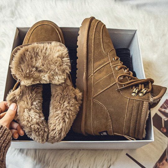 Men's Winter Snow Boots with Fleece Lining, Thickened for Warmth, High-Top Non-Slip Genuine Leather Cotton Boots, Outdoor Cotton Shoes for Northeast