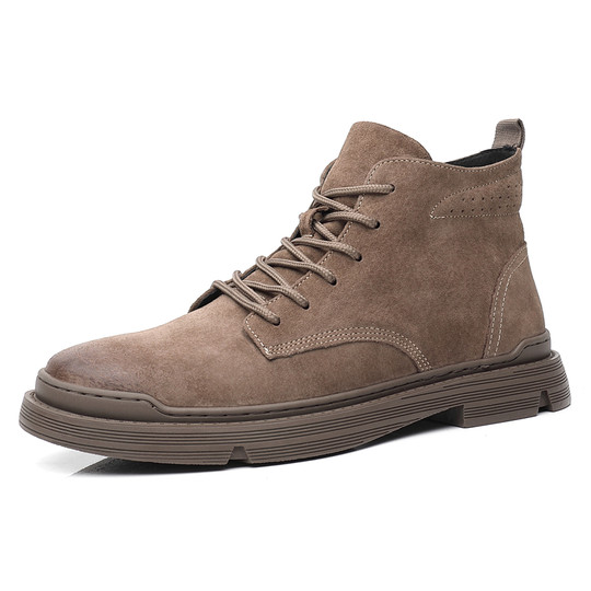 Martin Boots for Men, Winter Fleece-Lined High-Top Shoes, British Style Genuine Leather Short Boots, Mid-Top Retro Trendy Casual Work Boots