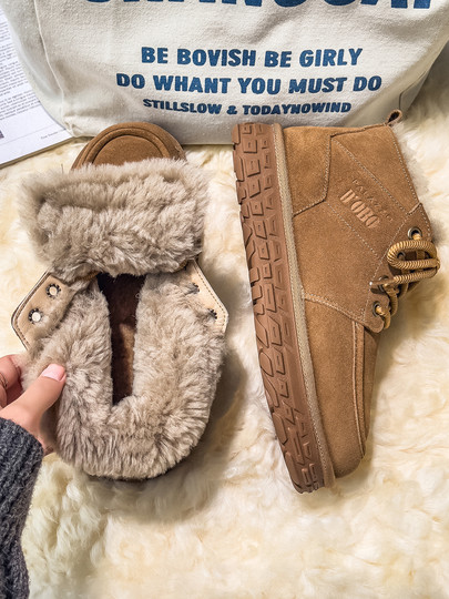 Men's Wool Snow Boots, Cold-Resistant and Warm, Outdoor Non-Slip Cotton Boots, Genuine Leather, Winter Fleece-Lined and Thickened, Northeast-Style Large Cotton Shoes