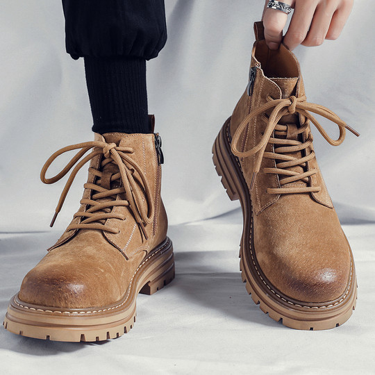 Martin Boots Men's Winter High-Top Shoes British Style Genuine Leather Mid-Top Trendy Short Boots Retro Fleece-Lined Korean Style Work Boots