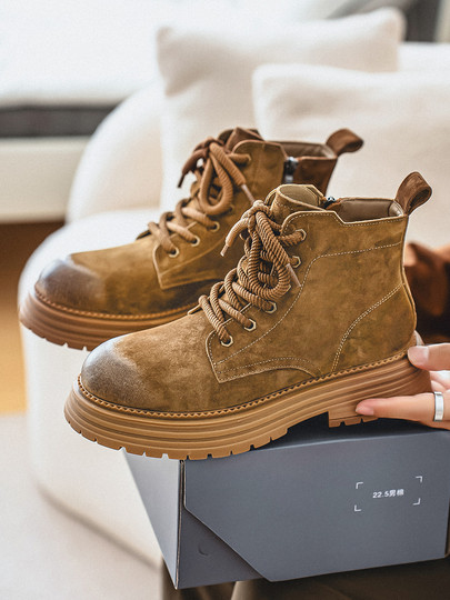 Martin Boots for Men 2025 New Winter Genuine Leather High-Top Shoes British Style Mid-Top Fleece-Lined Thick-Soled Retro Work Boots