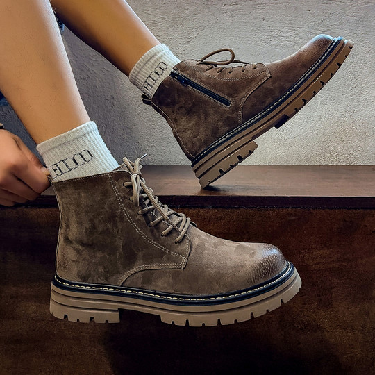 Martin Boots for Men, Winter Fleece-Lined High-Top Shoes, Genuine Leather Casual Retro Short Boots, Mid-Top British Style Thick-Soled Work Boots