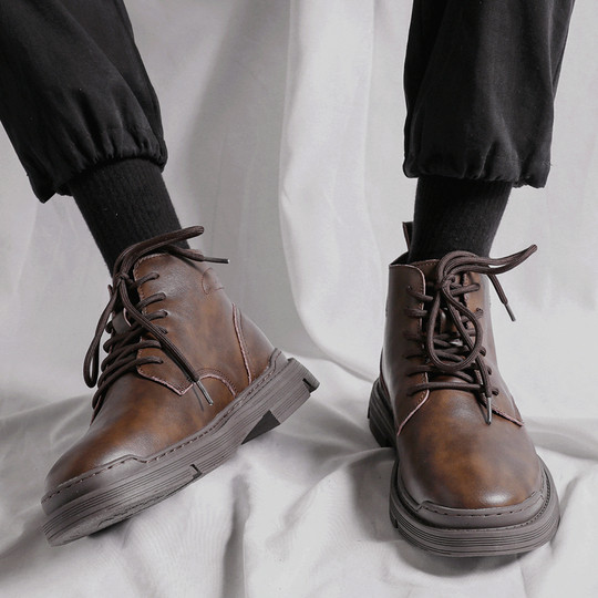 Martin Boots for Men, Autumn Mid-Top British Style, New Genuine Leather Breathable High-Top Shoes, Retro Korean Style Trendy Work Boots