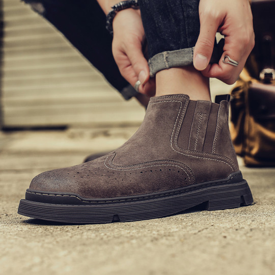 Chelsea Boots Men's Winter High-Top Shoes British Style Genuine Leather Trendy New Short Boots Breathable Retro Mid-Top Martin Boots