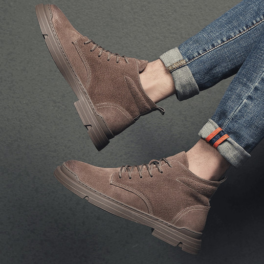 Martin Boots for Men, Winter Fleece-Lined High-Top Shoes, British Style Genuine Leather Short Boots, Mid-Top Retro Trendy Casual Work Boots