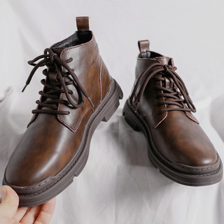 Martin Boots for Men, Autumn Mid-Top British Style, New Genuine Leather Breathable High-Top Shoes, Retro Korean Style Trendy Work Boots