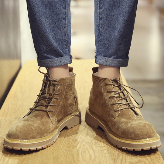 Martin Boots for Men, Winter Fleece-Lined High-Top Shoes, Retro Trendy Genuine Leather Casual Short Boots, Mid-Top British Style Work Boots